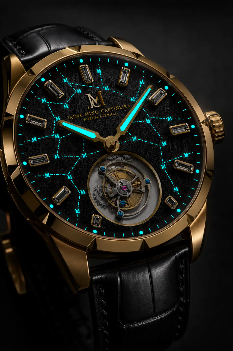 Aurum Éternel, detalle de la esfera y el tourbillon con luminiscencia